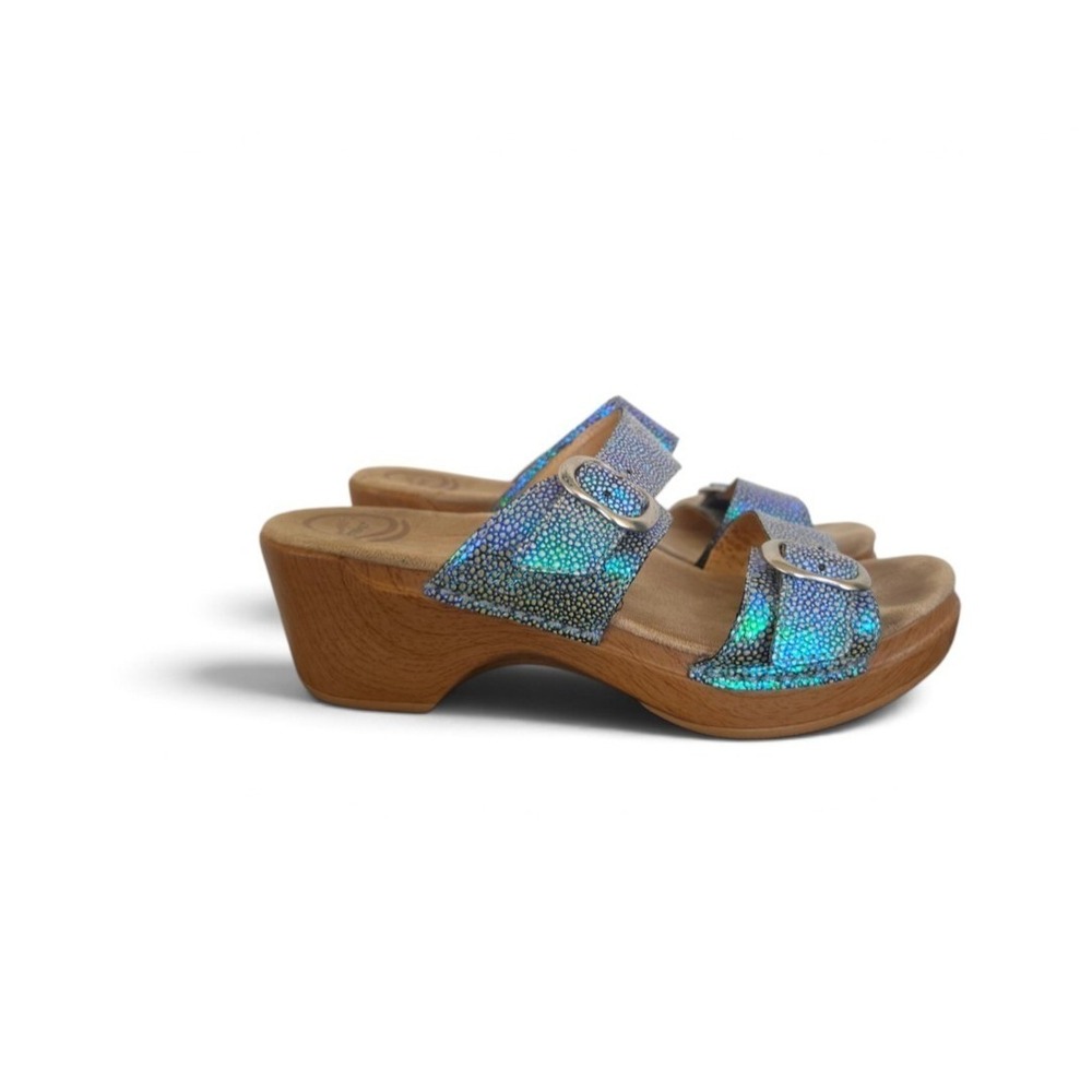 Sansko Sophie Double Strap Blue Metalic Textured Leather Boho Clog Sandals 7.5